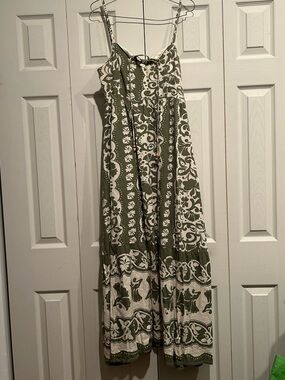 Olive and Beige Patterned Tie-Front Maxi Sundress